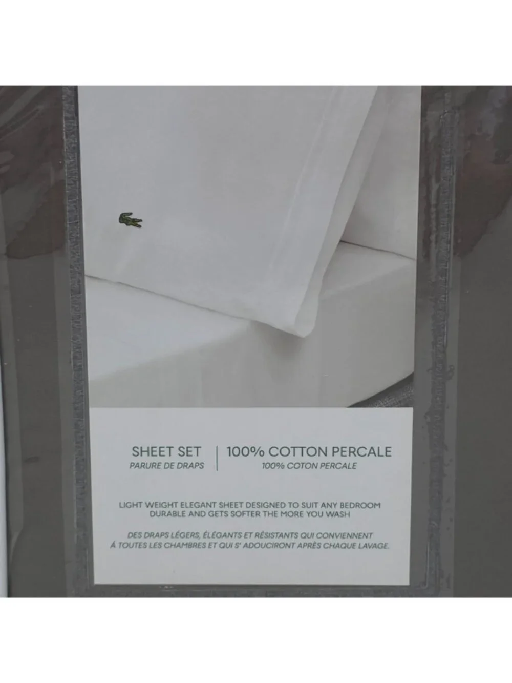 Lacoste 100% Cotton Percale Queen Sheet Set Dark Grey Crocodile Logo